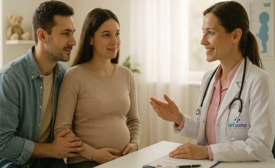 Consulta de ecografía obstétrica con pareja de padres en Arisana